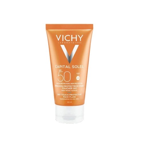 Tube de Vichy Capital Soleil Émulsion Toucher Sec SPF 50+ en format 50 ml, protection solaire visage fini mat.