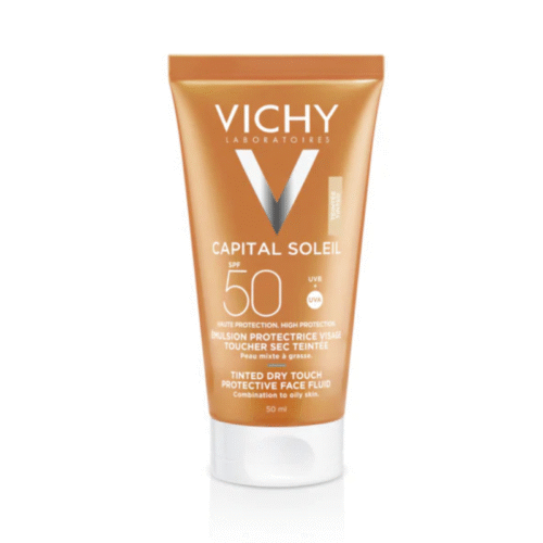 Tube de Vichy Capital Soleil Émulsion Toucher Sec Teintée SPF50 en format 50 ml.