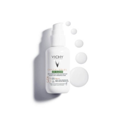 Vichy Capital Soleil Fluide UV Clear SPF50+ Anti-Imperfections 40 ml – protection solaire visage haute protection pour peaux mixtes à grasses, texture fluide non grasse.