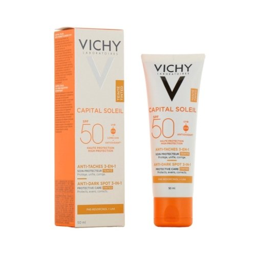 Tube de Vichy Capital Soleil Soin Anti-Taches Teinté 3-en-1 SPF50 en format 50 ml.