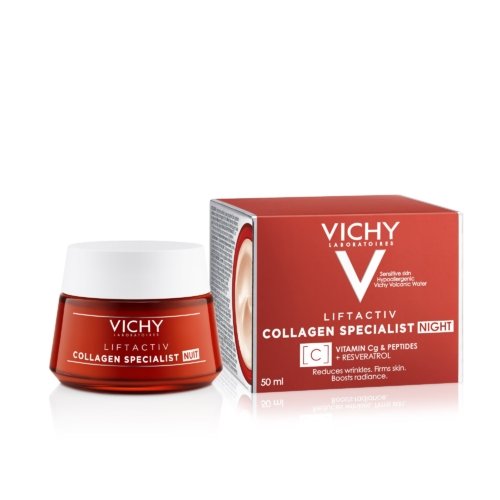 Crème de nuit anti-rides Vichy Liftactiv Collagen Specialist, au collagène et vitamine C, présentée en pot de 50 ml.
