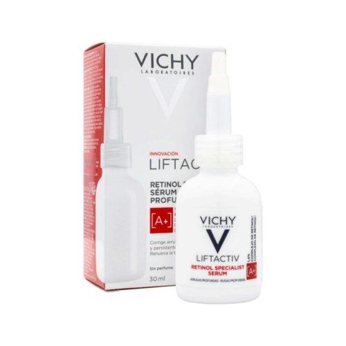 Flacon du Vichy Liftactiv Retinol Specialist Sérum Rides Profondes [A+] 30 ml, sérum anti-âge au rétinol conçu pour réduire les rides profondes et lisser la peau.
