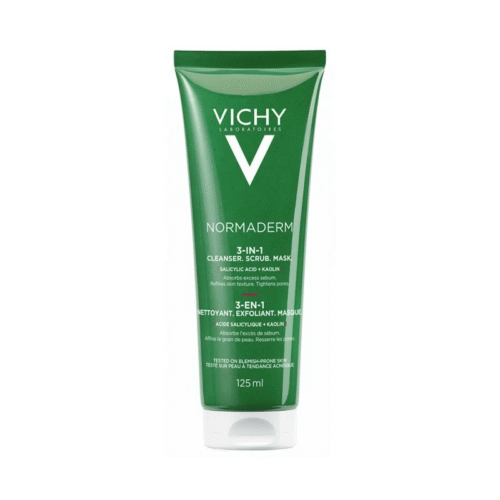 Vichy Normaderm Tri-Activ 3 en 1 125 ml – Soin nettoyant, exfoliant et masque purifiant pour peaux mixtes à grasses