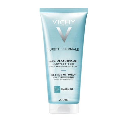 Gel nettoyant frais Vichy Pureté Thermale en flacon de 200 ml, nettoyant visage pour peau sensible.