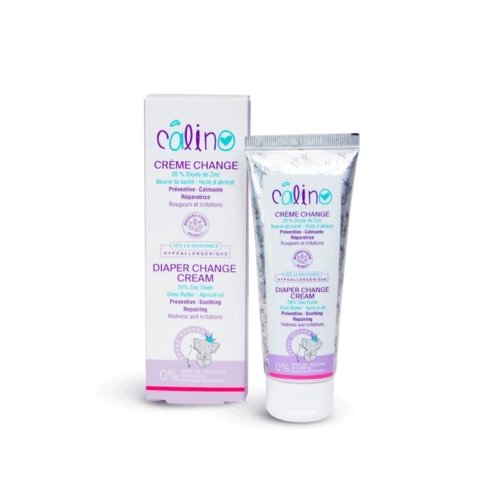 Crème pour le change Calino, spécialement formulée pour les peaux sèches des bébés. Tube de 75 g, protège et hydrate la peau délicate lors du change.