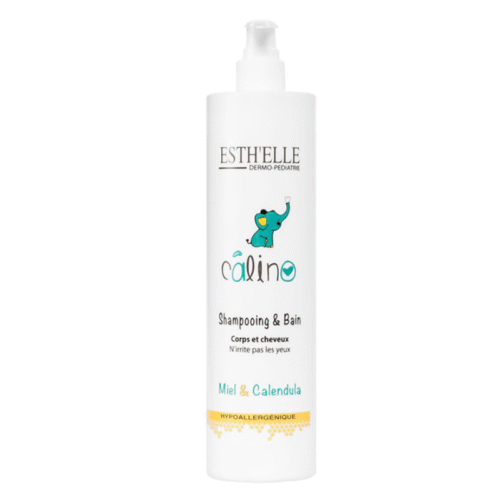 Shampooing et gel lavant Esthelle Calino 2-en-1 pour corps et cheveux, flacon de 500 ml, formule douce adaptée à la peau et aux cheveux des bébés.