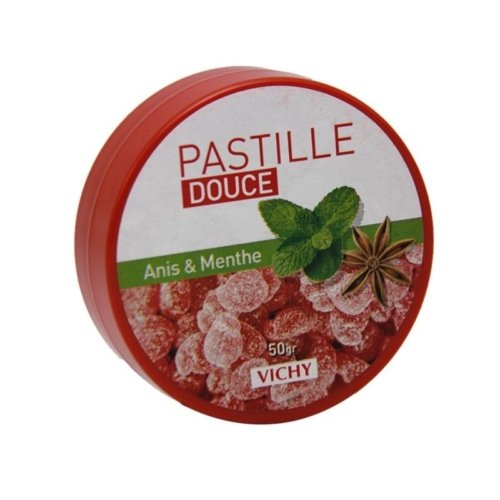 Boîte de 50 g de pastilles douces saveur menthe anis.