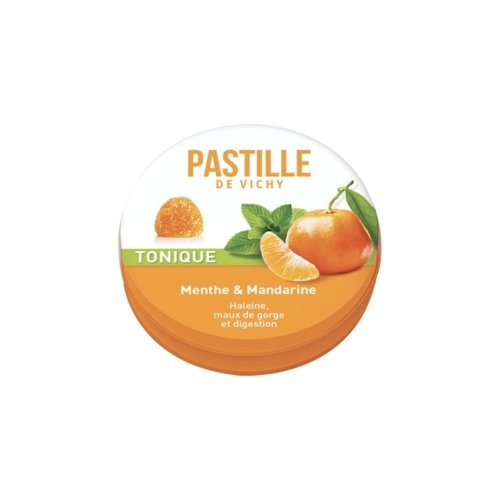Boîte de 50 g de pastilles toniques saveur menthe mandarine.