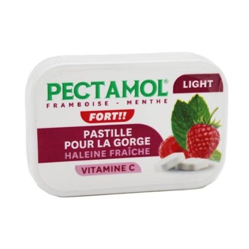 Boîte de 30 g de pastilles Pectamol Fort saveur framboise menthe.