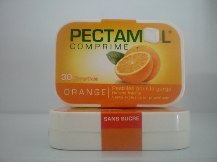 Boîte de pastilles Pectamol saveur orange.