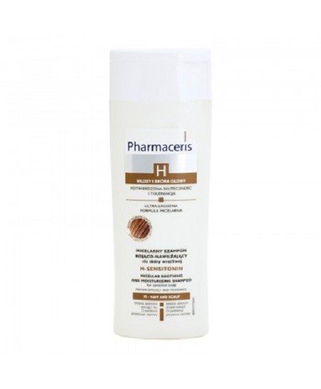 : « Shampooing apaisant Pharmaceris H-Sensitonine 250 ml pour cuir chevelu sensible, nettoie en douceur et réduit les irritations ».