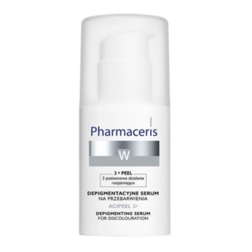 "Sérum éclaircissant Pharmaceris W-Whitening Acipeel 3x, flacon de 30 ml, pour réduire les taches pigmentaires et uniformiser le teint."