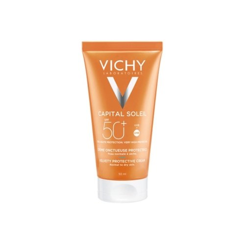 Tube de 50 ml de la crème onctueuse protectrice Vichy Capital Soleil SPF 50+, conçue pour offrir une haute protection solaire et hydrater la peau.