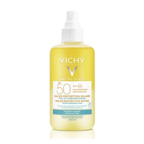 Spray de 200 ml Vichy Capital Soleil Eau de Protection Solaire SPF50, protection solaire haute couvrance pour le corps et le visage.